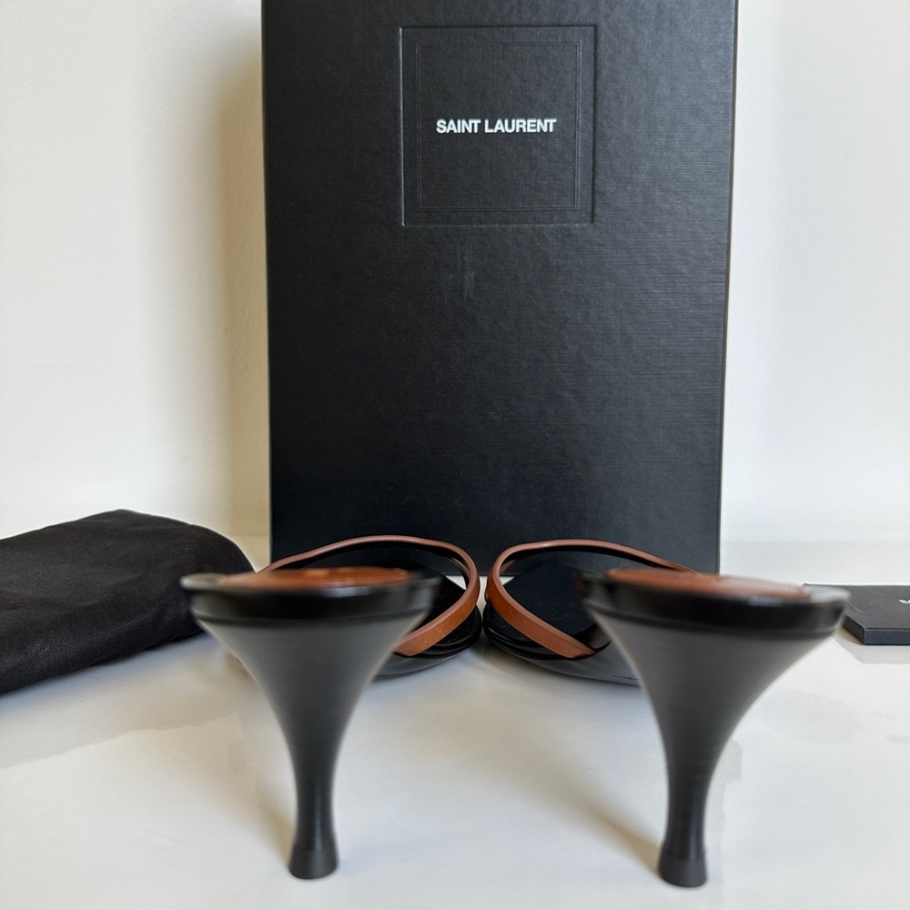 Saint Laurent Carla Black Leather Mules with Tan Straps - Picture 6 of 16